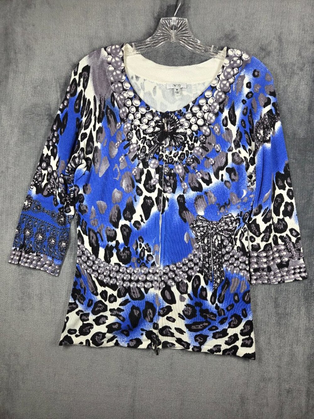 Cache Sweater Womens Size M Blue Leopard Print Rhinestone Embellished Cardigan